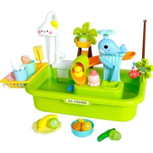 imageEasy Playhouse 4in1 Play Sink  Running Water Electric Faucet Kitchen ampamp Food Accessories Waterpark Theme Fishing Games Bath Toys Kids Age 3Play Sink